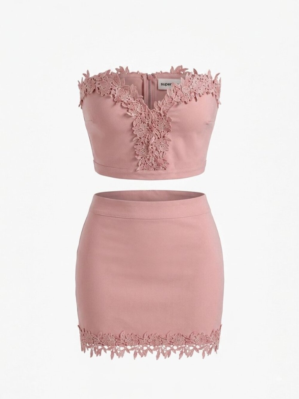 superdown Lafonda Pink Lace Strapless Crop Top & Mini Skirt 2-Piece Set S
